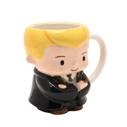 3D character mug viewed from side, blonde head and dark robe front