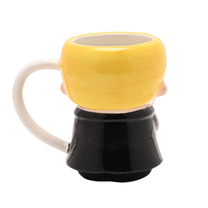 3D character mug with blonde head on black robe, curved white handle