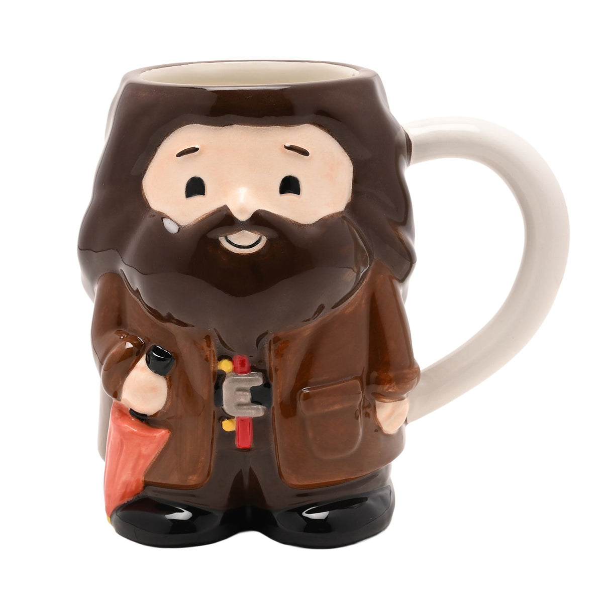 Sculpted brown Hagrid 3D mug with facial features, beard, and red clothing accent.