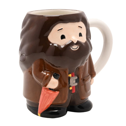 Hagrid 3D character mug in brown with painted beard, orange coat, and red belt detail.