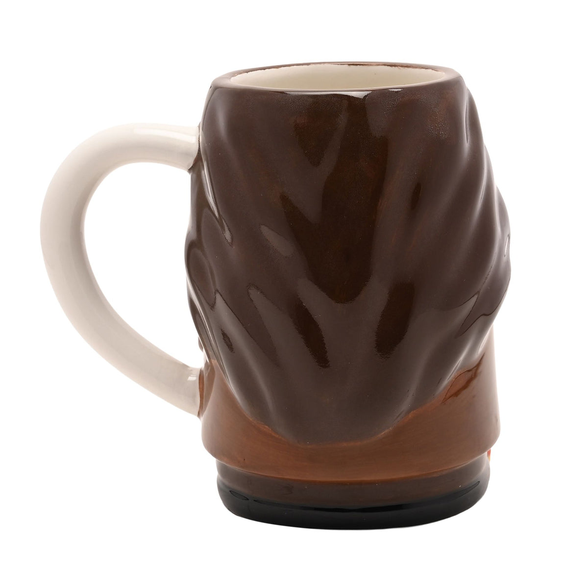 Brown sculpted Hagrid 3D mug back view with white handle and glossy finish.