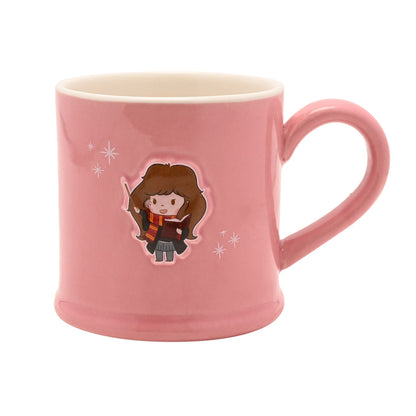 Pink ceramic mug with character emblem, matching handle, and star sparkles, front view