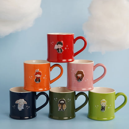 Assorted character mugs set in red, orange, pink, navy, olive, and light cream