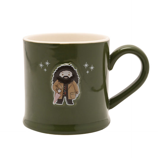 Dark green ceramic mug with bearded wizard graphic and star details