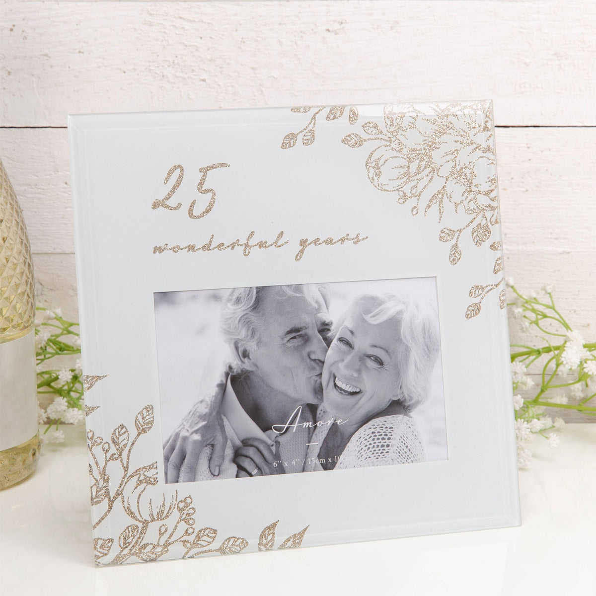 Pale grey 6x4 photo frame with gold floral corners and black-and-white couple photo