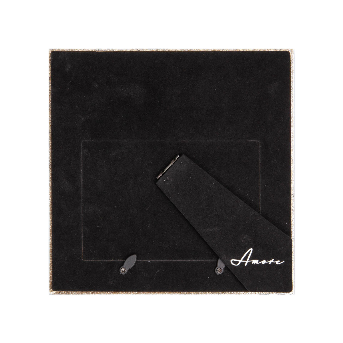 Black photo frame backing with dark strap hinge and white 'Amore' script