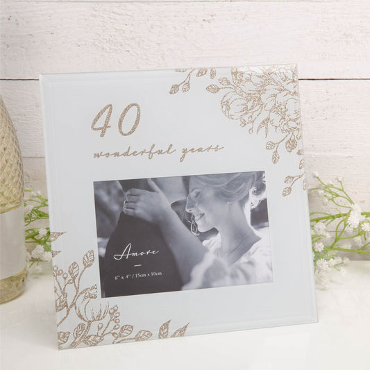 40 Wonderful Years Pale Grey Glass Gold Floral Frame 6" x 4"