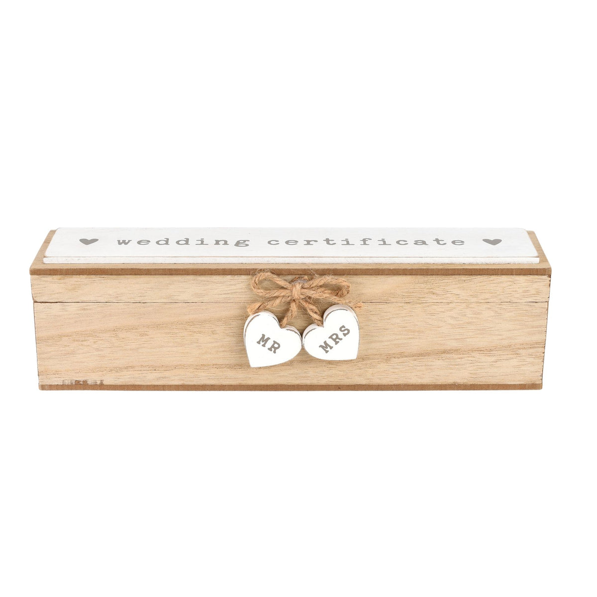 Wood wedding certificate box with “wedding certificate” text and “Mr” “Mrs” hearts