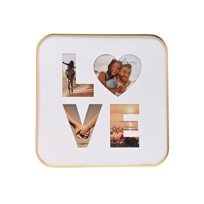 4-photo collage frame with gold border and four photo cutouts, heart and V