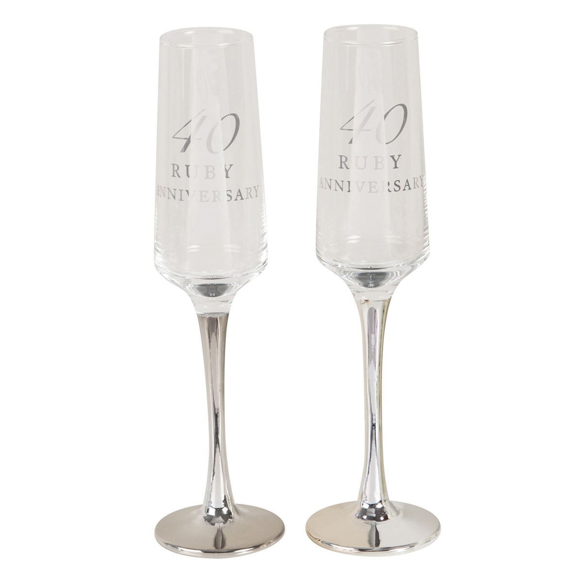 Two clear straight-stem champagne flutes engraved "40 Ruby Anniversary"