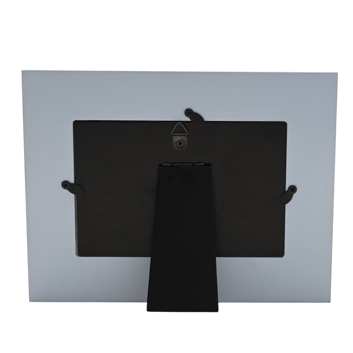 Light gray photo frame back with black stand and hanging clips, 6x4