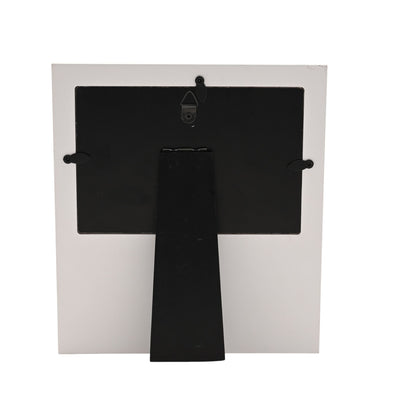 Back view of silver 6x4 inch photo frame with hanging hook and stand