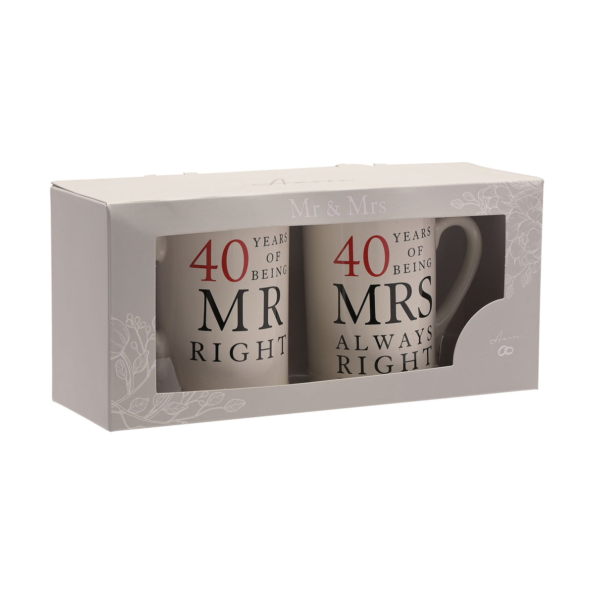 Gift box showing two white mugs: MR RIGHT and MRS ALWAYS RIGHT