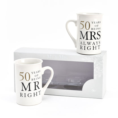 White mugs set: MR RIGHT and MRS ALWAYS RIGHT on gift box with window