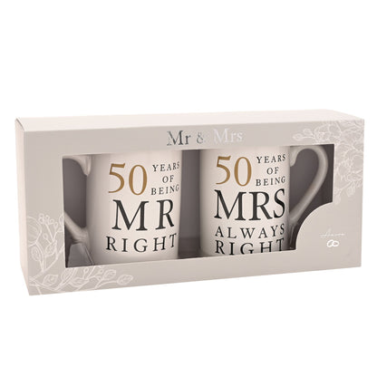 Mr & Mrs gift box showing two white mugs: MR RIGHT and MRS ALWAYS RIGHT