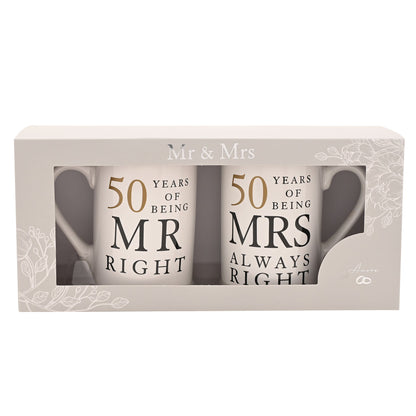 Mr & Mrs gift box with window display of two white mugs, MR RIGHT and MRS ALWAYS RIGHT