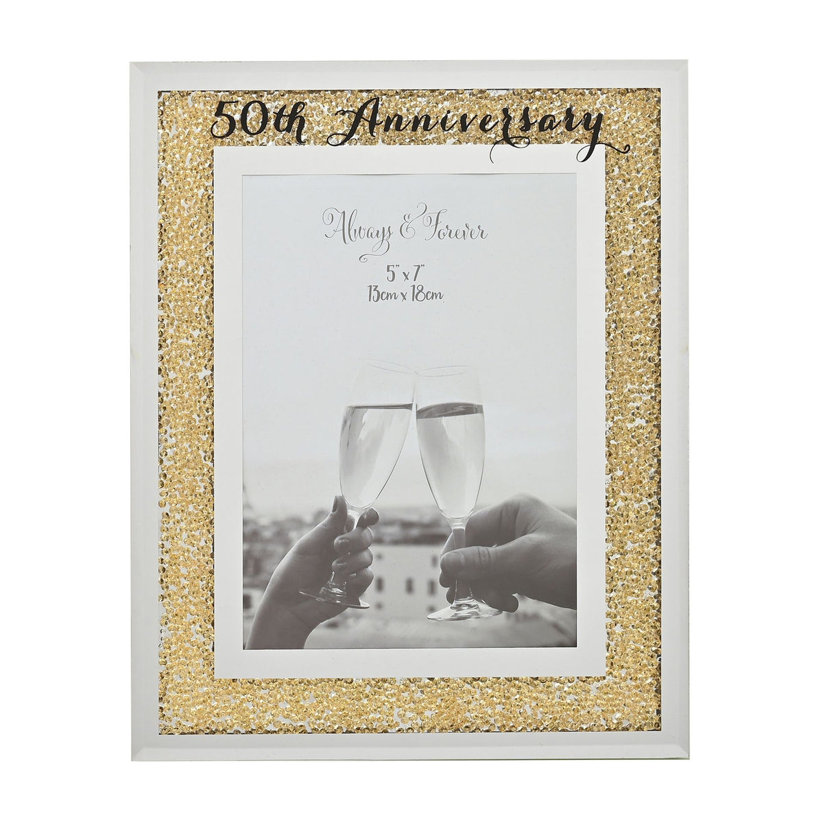 50th anniversary 5x7 photo frame, white mat, gold glitter crystal border, 'Always & Forever'