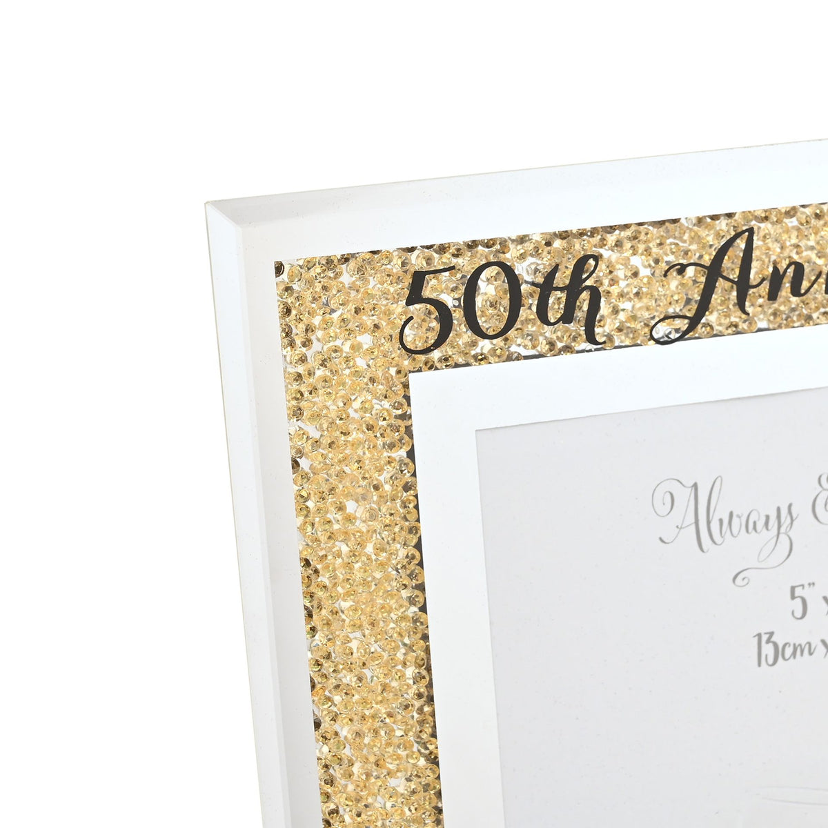 Gold crystal glitter border with '50th Anniversary' script on a white 5x7 photo frame