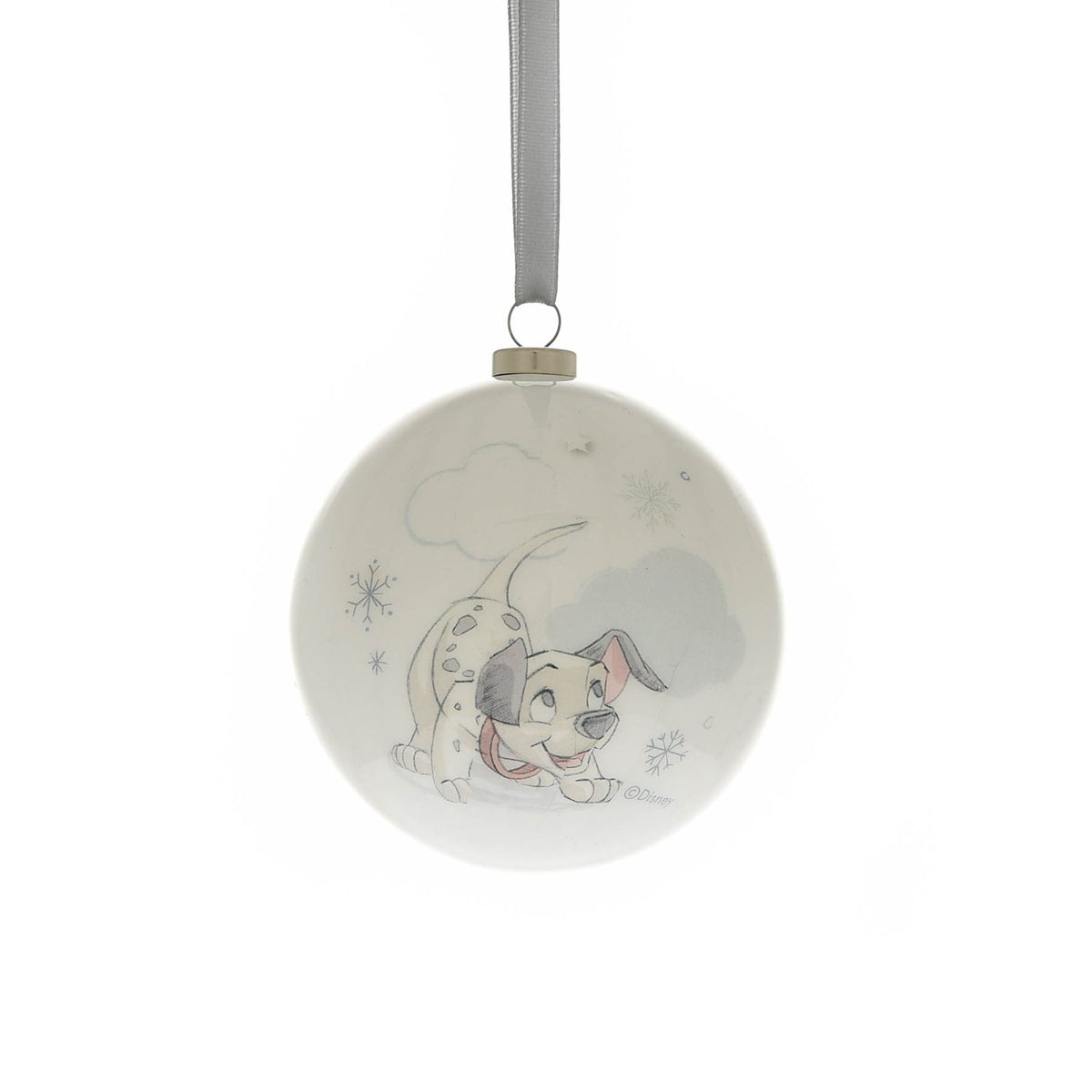 Round Christmas bauble with a blue animal character illustration and snowflake accents, hanging loop