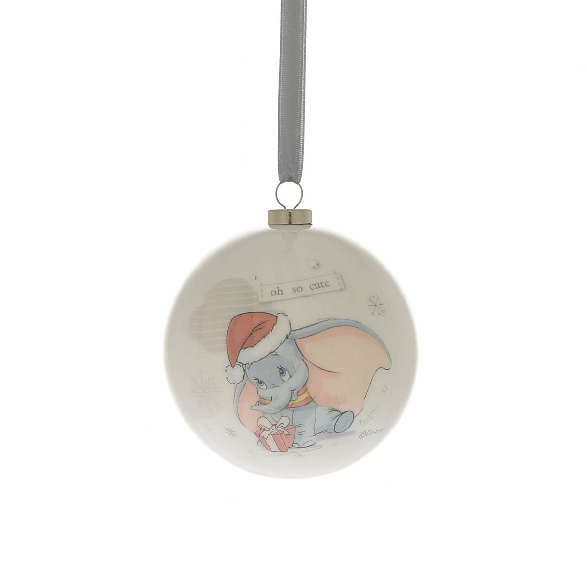 Round Christmas bauble with a blue rabbit character illustration and winter snowflake accents