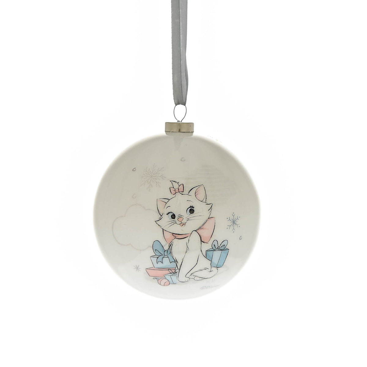 Round Christmas bauble with a white kitten holding a small gift, with light snowflake details