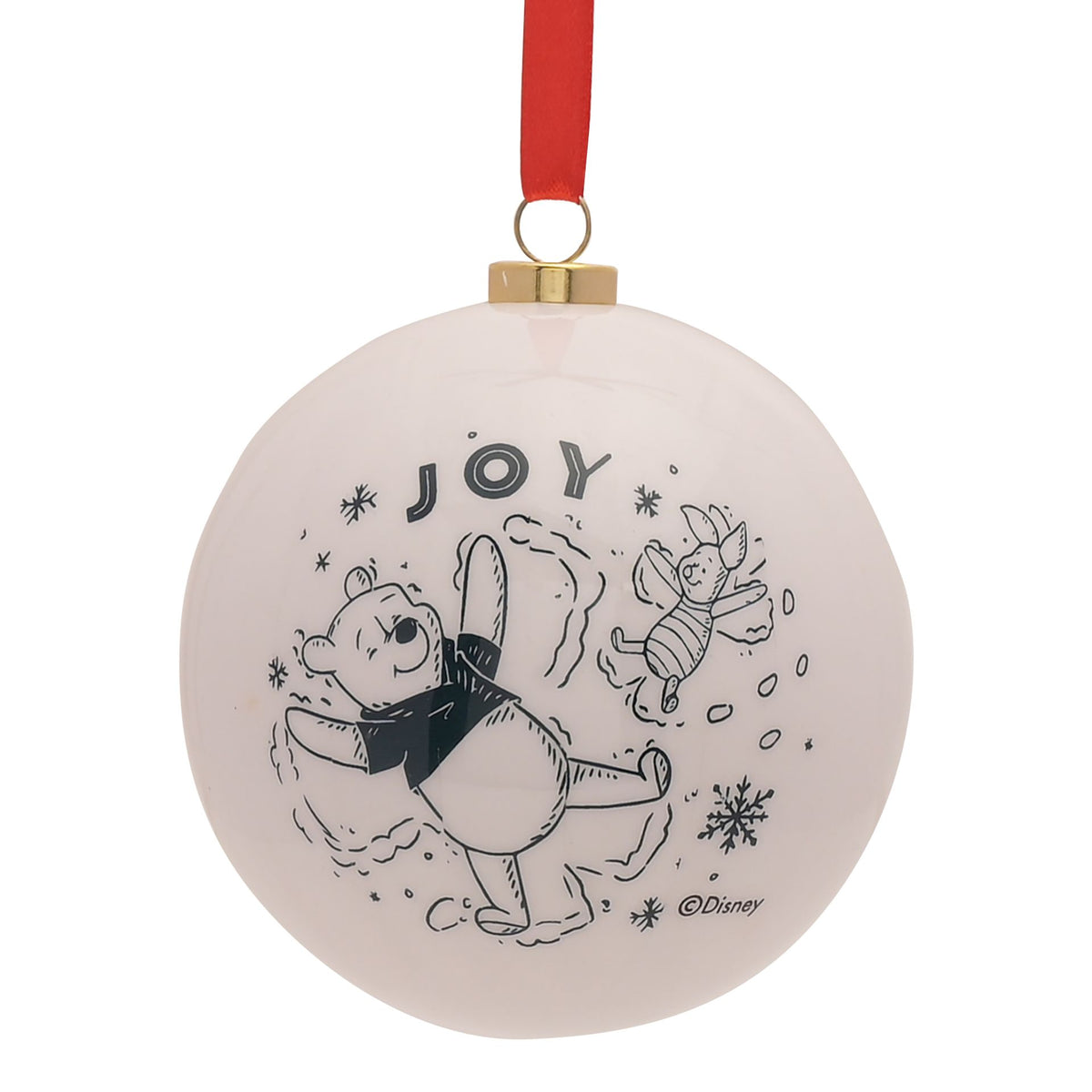 Round Winnie the Pooh bauble in cream with “Joy” text and illustrated characters