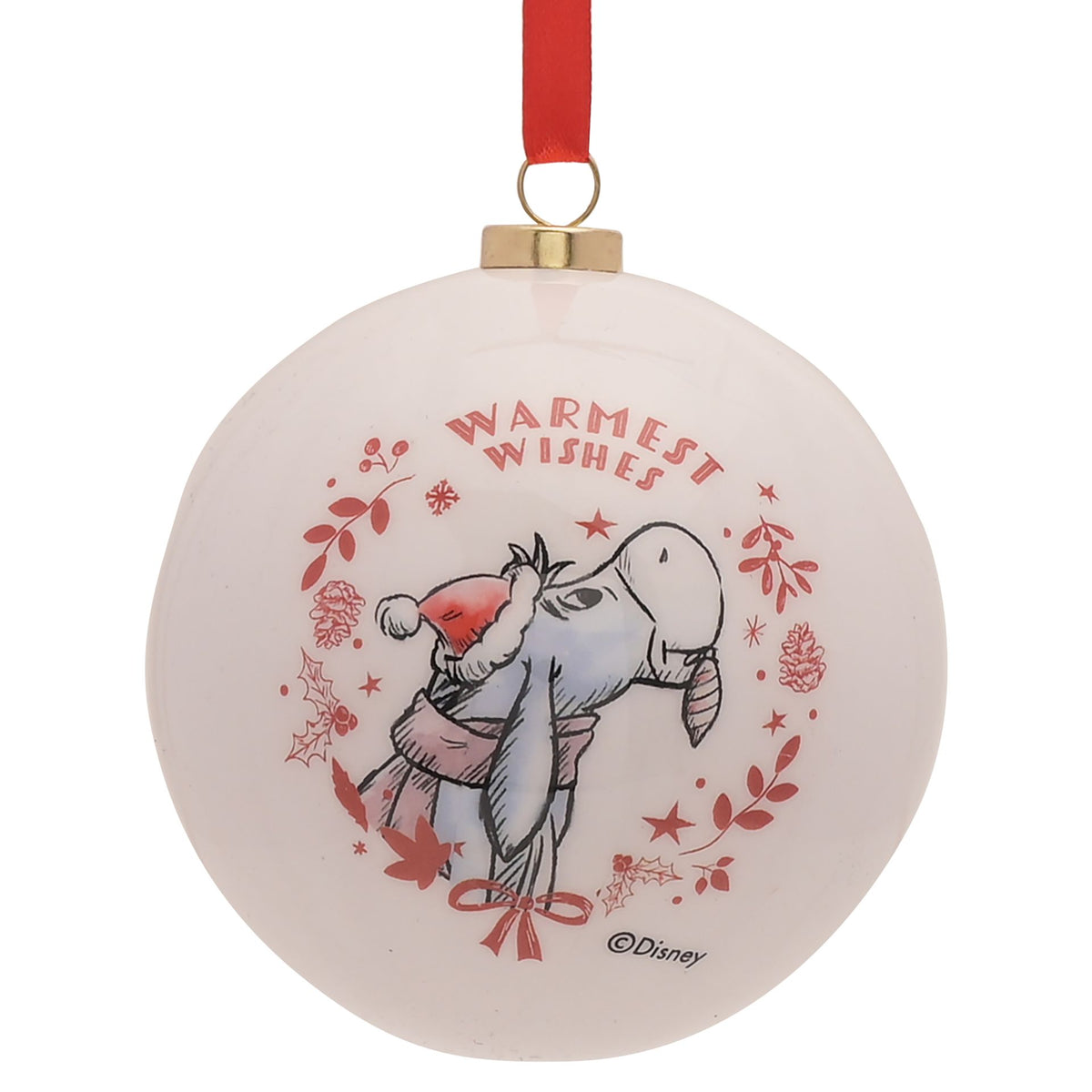 Round Winnie the Pooh bauble in cream with “Warmest Wishes” and festive wreath art