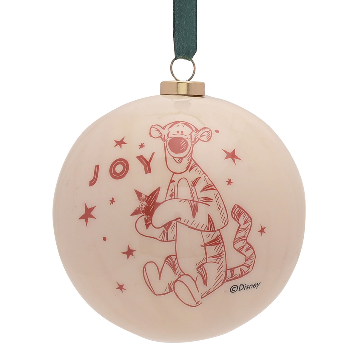 Round Winnie the Pooh bauble in cream with “Joy” text and reindeer-style character