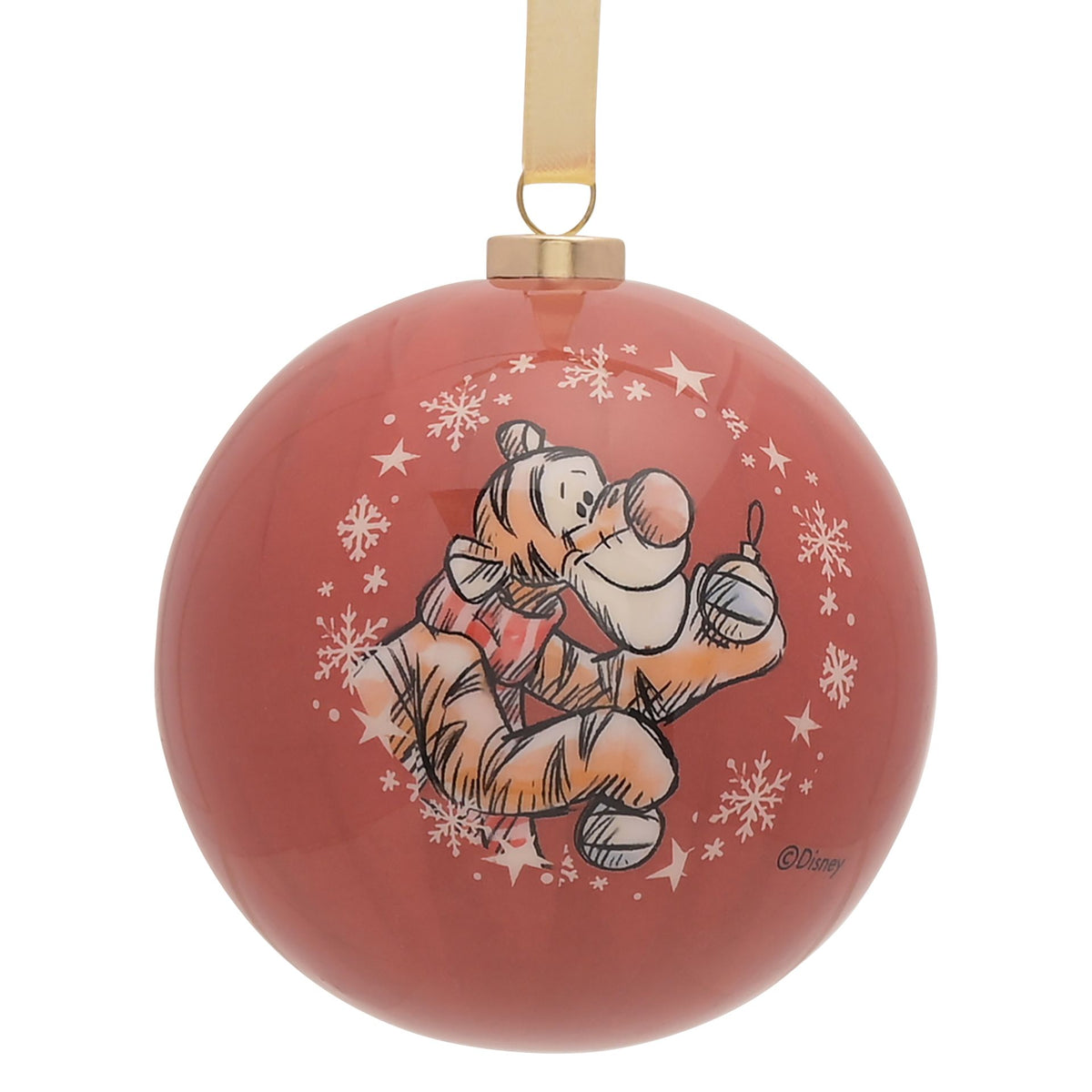 Round Winnie the Pooh bauble in red with Pooh illustration, snowflakes, and sparkle stars