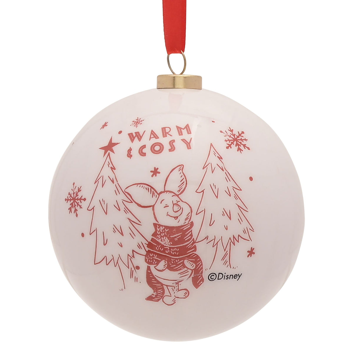 Round Winnie the Pooh bauble in white with “Warm Cozy” text and snowy forest scene