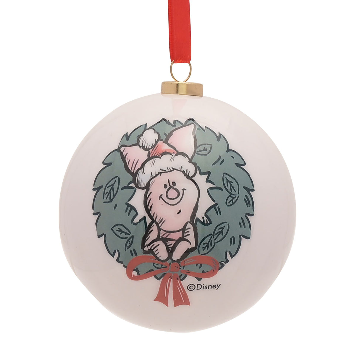 Round Winnie the Pooh bauble in white with pig wreath design and red ribbon bow