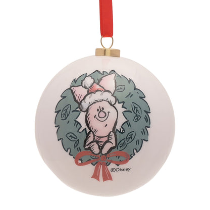 Round Winnie the Pooh bauble in white with pig wreath design and red ribbon bow