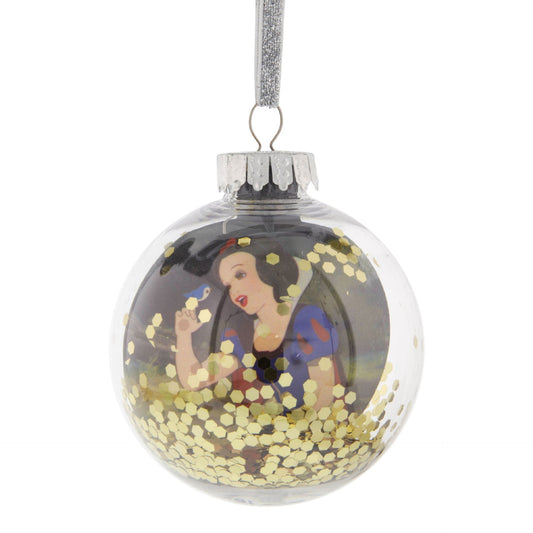 Clear glass bauble ornament with printed Snow White holding an apple, gold glitter base