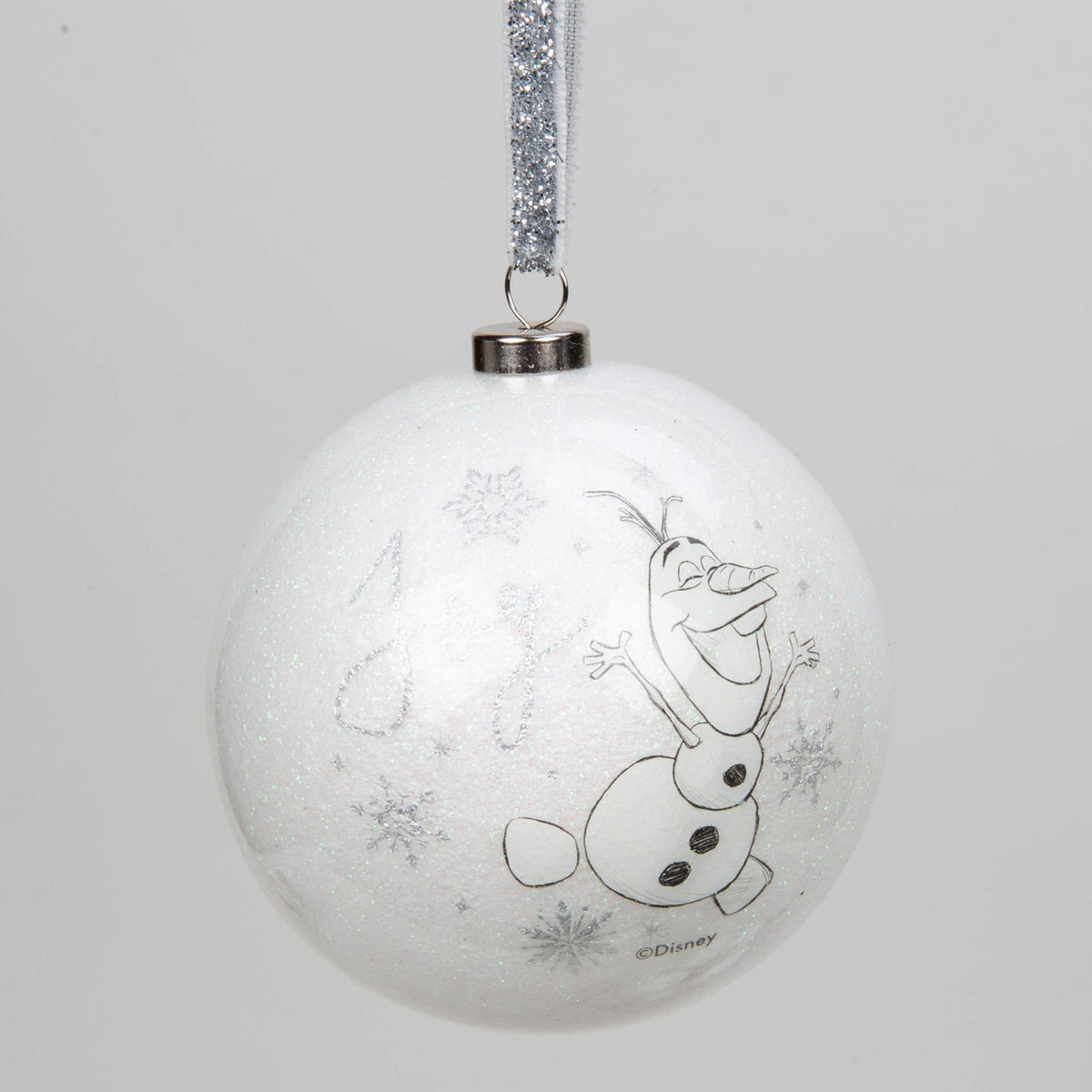 White acrylic glitter bauble with Olaf and snowflake line art, hanging with silver ribbon