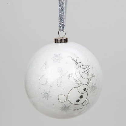 White acrylic glitter bauble with Olaf and snowflake line art, hanging with silver ribbon