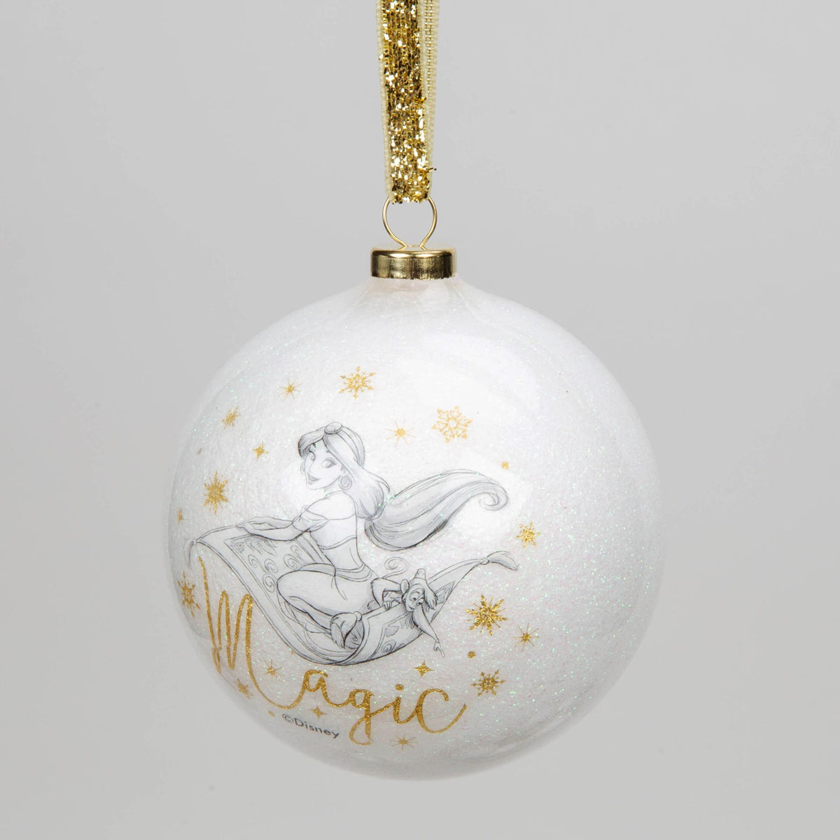 White acrylic glitter bauble with Elsa and Olaf line art, hanging from gold ribbon