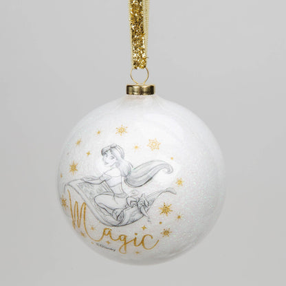 White acrylic glitter bauble with Elsa and Olaf line art, hanging from gold ribbon
