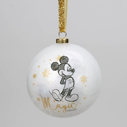 White acrylic glitter bauble with Mickey Mouse sketch and gold text, hanging from gold ribbon