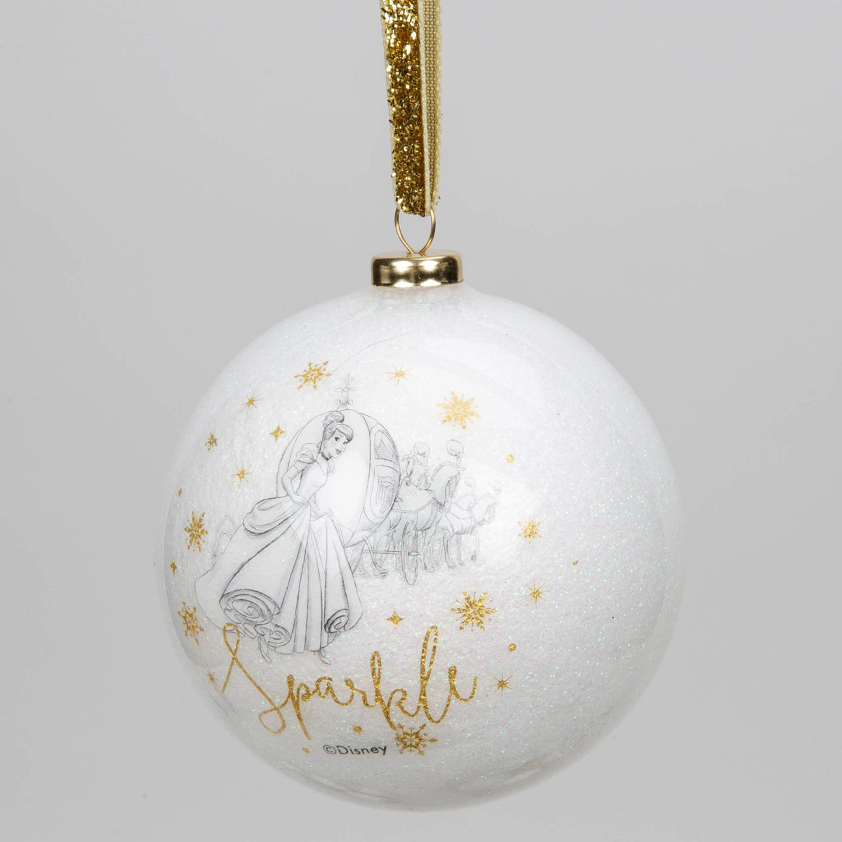 White acrylic glitter bauble with Elsa and Olaf scene and gold sparkles, hanging from gold ribbon