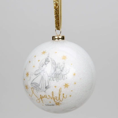 White acrylic glitter bauble with Elsa and Olaf scene and gold sparkles, hanging from gold ribbon