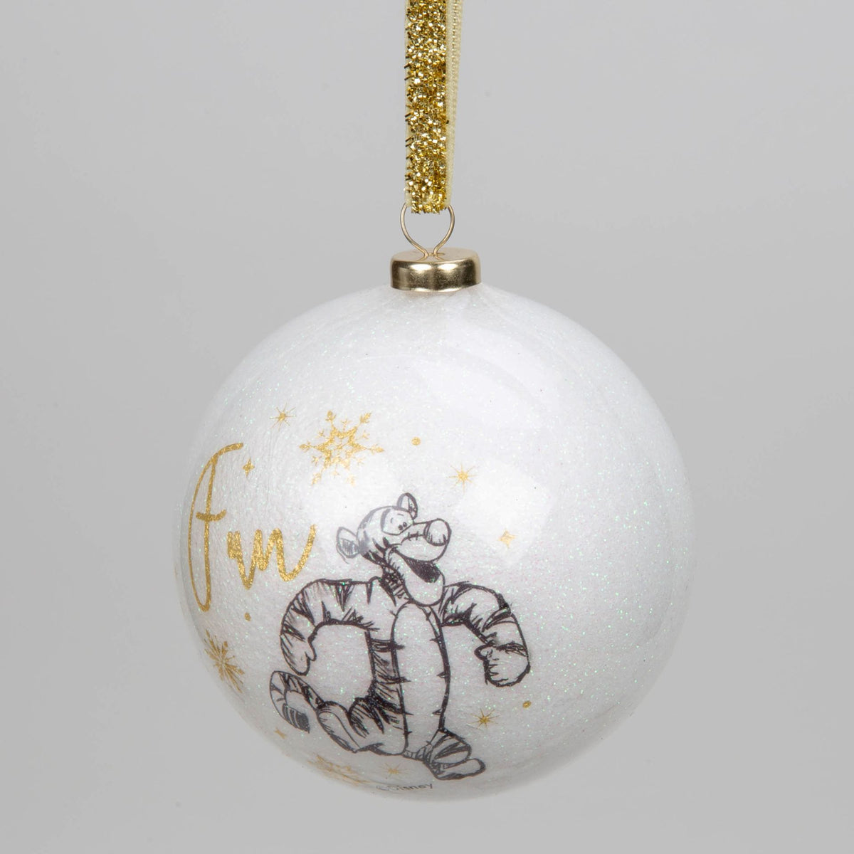 White acrylic glitter bauble with Winnie the Pooh sketch and gold text, hanging from gold ribbon