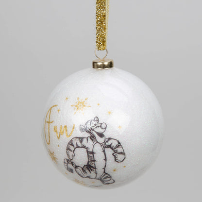White acrylic glitter bauble with Winnie the Pooh sketch and gold text, hanging from gold ribbon