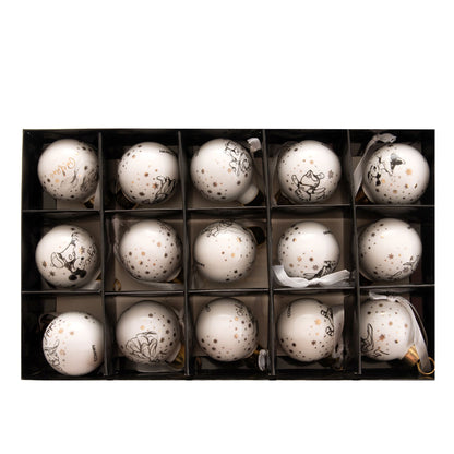 Boxed set of white ceramic baubles with gold caps, arranged in grid
