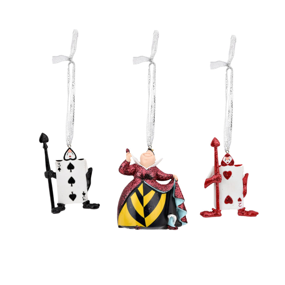 Set of 3 hanging ornaments with playing-card designs: black spade, colorful jester, red hearts