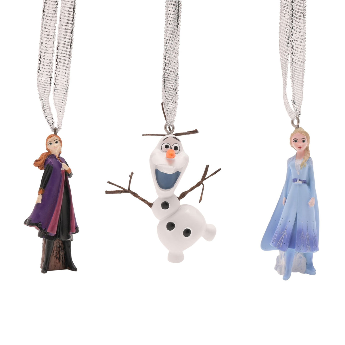 Set of 3 Frozen hanging ornaments: Anna, Olaf, Elsa, each with silver glitter cord