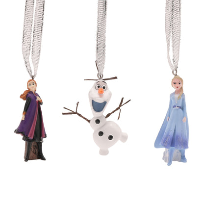 Set of 3 Frozen hanging ornaments: Anna, Olaf, Elsa, each with silver glitter cord