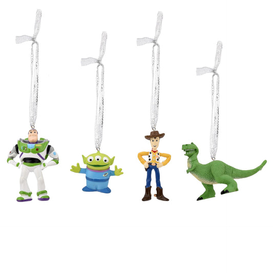 Set of 4 hanging ornaments with silver strings: astronaut, alien, cowboy, dinosaur