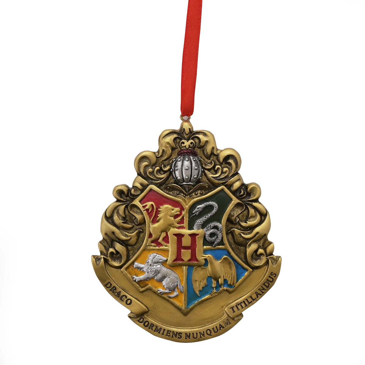 Resin Hogwarts crest ornament with red hanging ribbon, gold and house emblem