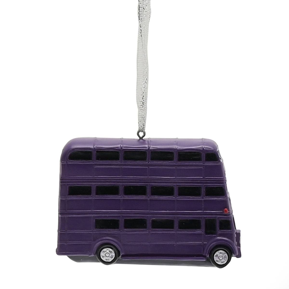 Purple resin bus tree ornament with many windows and hanging loop, side view