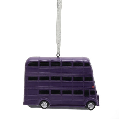 Purple resin bus tree ornament with many windows and hanging loop, side view